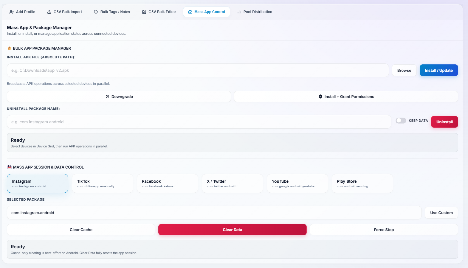Mass application controller settings